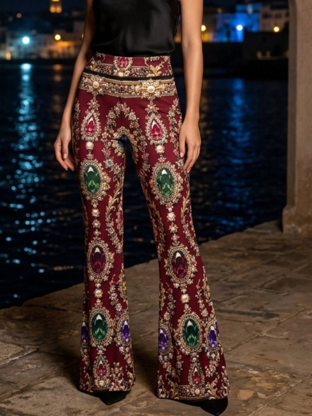 Conceptual Subculture  Baroque Gemstone Flare Wide Leggings Red Bejeweled Ruby